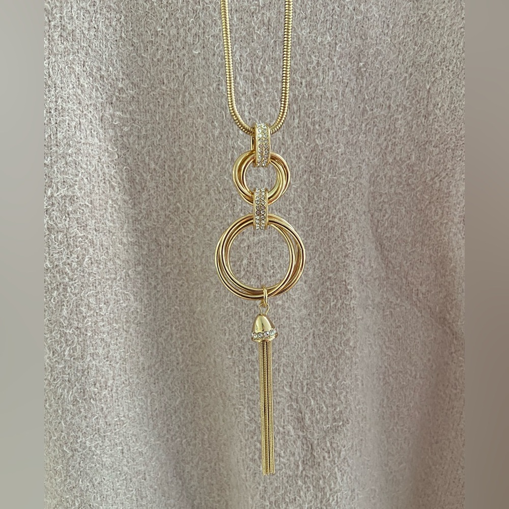 Alfani Silver-Tone Pave Hoop & Chain Tassel Pendant Necklace, Gold, 28